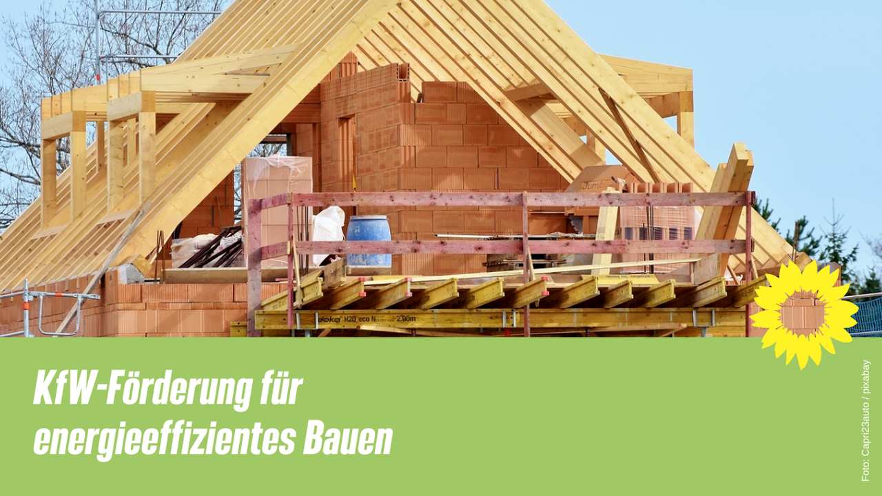 Beitragsbild: Rohbau eines Einfamilienhauses, Text: KfW-Förderung für energieeffizientes Bauen