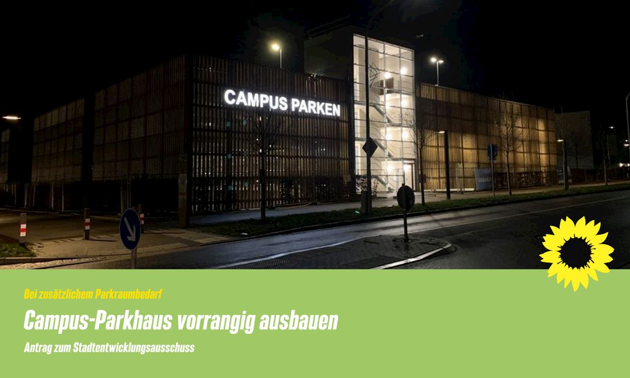 Beitragsbild: Campus-Parkhaus in Lemgo bei Nacht, Text: Bei zusätzlichem Parkraumbedarf - Campus-Parkhaus vorrangig ausbauen - Antrag zum Stadtentwicklungsausschuss