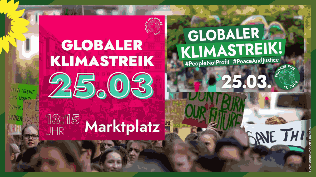 Demo-Aufruf: Im Hintergrund Klima-Demonstration, Banner mit Terminhinweis auf globalen Klimastreik am 25.03.2022 um 13.15 Uhr auf dem Marktplatz Lemgo