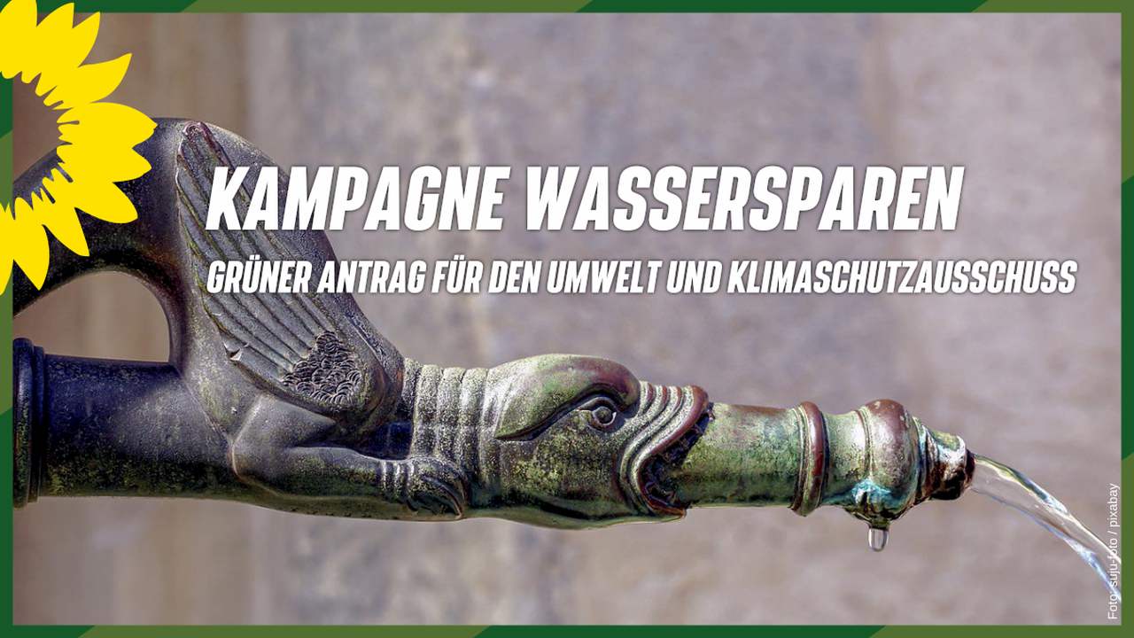 Wasserspeier an einem Springbrunnen - Text: Kampagne Wassersparen - Grüner Antrag für den Umwelt und Klimaschutzausschuss
