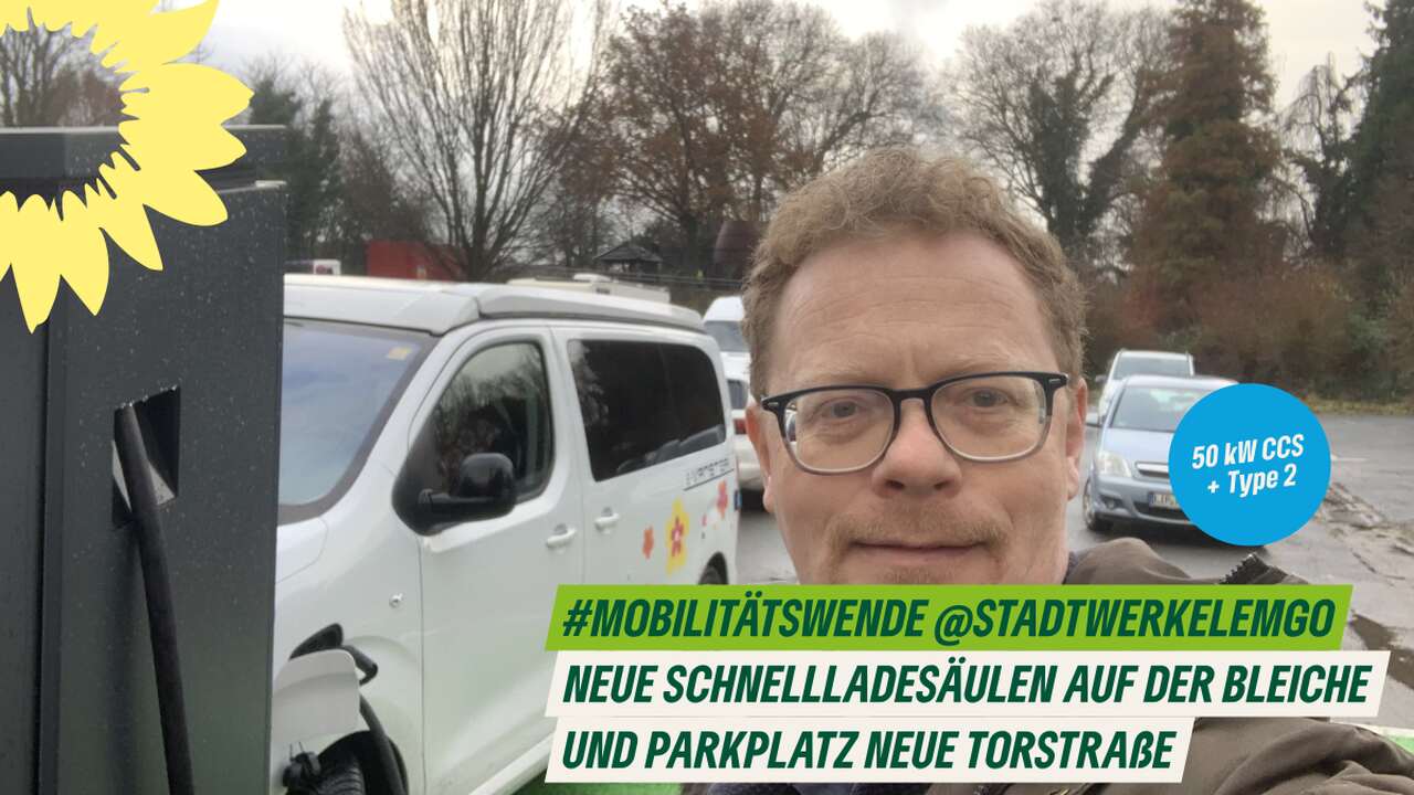 Ralf Kersting mit e-Vanster an der Schnellladesäule auf dem Parkplatz Bleiche - Text: #mobilitätswende @stadtwerkelemgo - neue Schnelladesäulen auf der Bleiche und Parkplatz Neue Torstraße