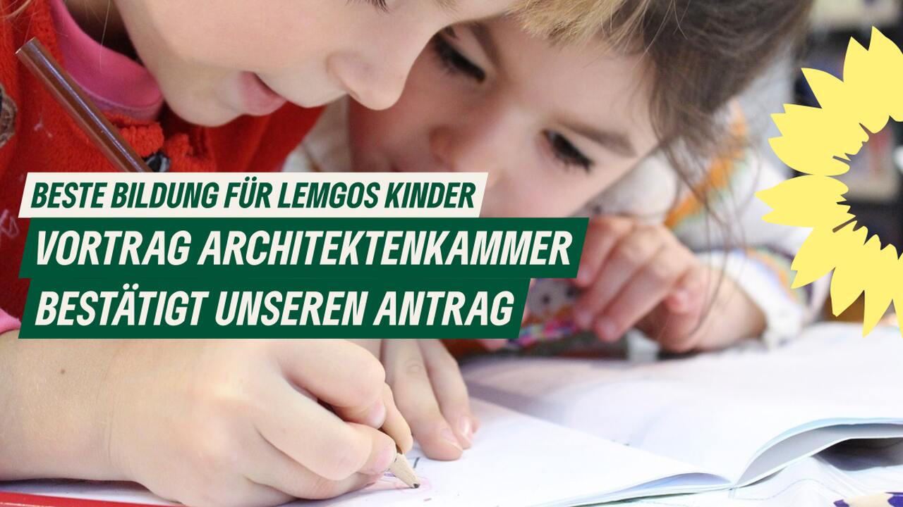 zwei Schulkinder - Text: Beste Bildung für Lemgos Kinder - Vortrag Architektenkammer bestätigt unseren Antrag